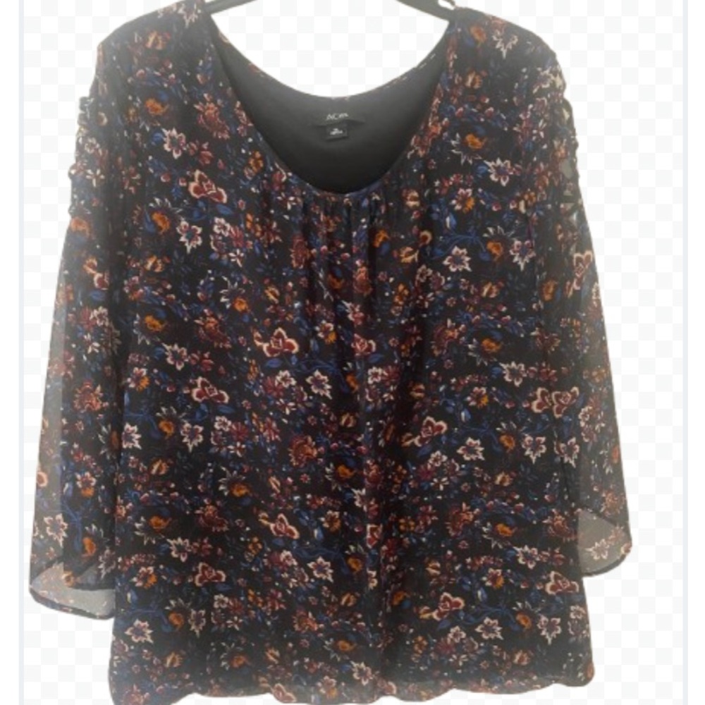 AGB Women’s Blouse Top Floral Sheer Bell 3/4 Sleeves XL